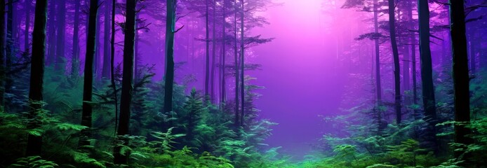 Poster - A mystical forest scene with tall trees and a purple glow, creating an ethereal atmosphere