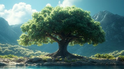 Wall Mural - Majestic Tree by the Mountain Lake: A Breathtaking Nature Scene