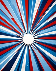 Fototapete - a vibrant abstract composition with a central white circle surrounded by radiating lines in red, white, and blue. The lines are arranged in a radial pattern, creating a sense