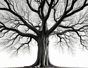 Poster - A black and white photograph large tree with a thick trunk and numerous branches, standing alone against a white background