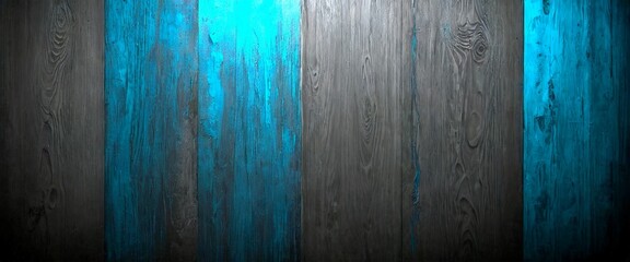 Leinwandbilder - a dark wooden surface with vertical blue paint lines running through it, creating a striking contrast between the dark wood and the vibrant blue
