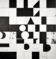 Poster - a black and white abstract composition featuring geometric shapes and patterns, including squares, rectangles, triangles, and circles, arranged in a grid-like pattern