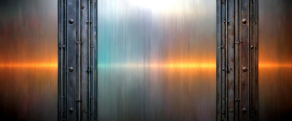 Fototapete - a close-up view metal surface with a gradient of colors, including shades of blue, green, orange, and brown The surface is textured, with a series of vertical lines