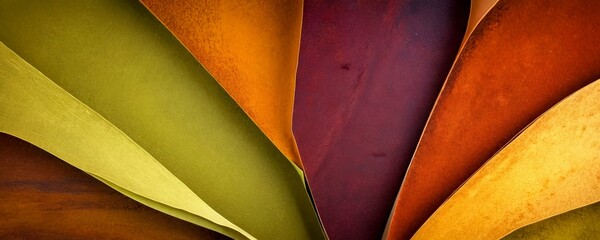 Aufkleber - A close-up view vibrant abstract composition of overlapping paper or fabric panels in various shades of green, orange, brown, and yellow, creating a dynamic and