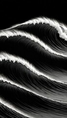 Poster - a dramatic black and white scene large, curling wave with white foam and spray, creating a sense of motion and power