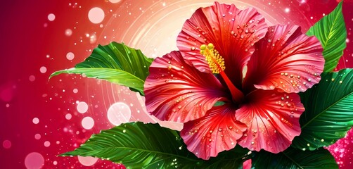 Poster - A vibrant hibiscus flower with a yellow center and red petals is set against a red background with white polka dots and a yellow sunburst