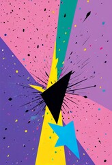 Poster - a vibrant digital illustration featuring a central black triangle surrounded by a burst of yellow and blue shapes, set against a background of pink, purple,