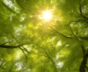Poster - The sun shines through the lush green leaves tree, creating a serene and tranquil atmosphere
