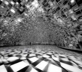 Poster - a black and white photograph room with a checkered floor and a ceiling covered in small square tiles, creating a visually striking and abstract pattern