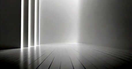 Leinwandbilder - A minimalist, monochromatic room with a white floor and walls, featuring three vertical light lines on the left wall and a bright, white light source on the right wall