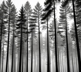Poster - A dense forest of tall, thin trees with dark silhouettes against a hazy, gray sky