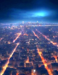 Poster - a sprawling cityscape at night, with numerous illuminated buildings and skyscrapers stretching out into the distance The city is bathed in a dark blue hue, with a faint,
