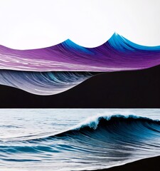 Fototapete - a collage featuring two distinct wave formations, one with a purple and blue gradient and the other with a blue and white gradient, set against a black and