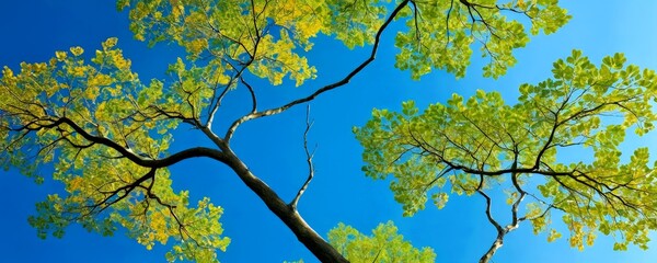 Poster - A tree with vibrant yellow leaves stands against a clear blue sky, its branches reaching upwards