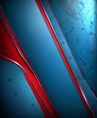 Poster - a striking abstract composition with a blue background, red and blue horizontal and vertical stripes, and scattered red dots The does not contain any discernible text