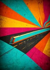 Poster - a stylized abstract representation train on a track, set against a vibrant, colorful background with radiating lines and shapes