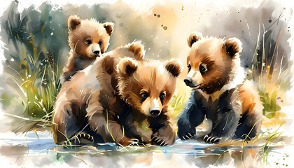 Wall Mural - Whimsical Watercolor Illustration of Adorable Baby Bears Playing Together in a Charming Collection