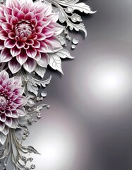 Aufkleber - A close-up pink and white dahlia flower with intricate silver leaf designs and small silver beads, set against a blurred gray background