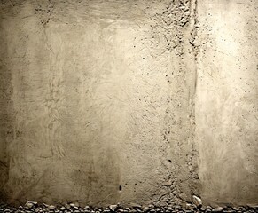 Fototapete - A textured gray concrete wall with a small hole in the center, surrounded by small rocks