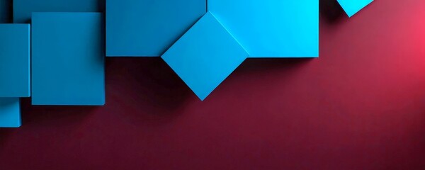 Poster - a geometric pattern composed of blue and red cubes, creating a visually striking contrast against a maroon background