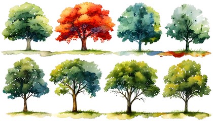 Wall Mural - Whimsical Watercolor Collection of Diverse Trees Showcasing Spring and Summer Vibes on a White Canvas