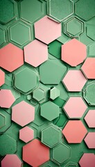 Poster - a repeating pattern of hexagonal shapes in various shades of green and pink, arranged in a grid-like formation