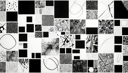 Leinwandbilder - a collage of abstract artworks featuring various geometric shapes, patterns, and textures in black and white