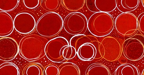 Poster - a repeating pattern of red circles with white outlines, arranged in a grid-like layout against a red background with white polka dots