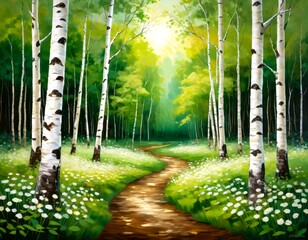 Poster - A winding path leads through a serene birch forest, with tall trees and white flowers dotting the landscape