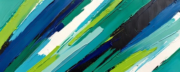 Leinwandbilder - an abstract painting featuring diagonal lines in various shades of blue, green, and white, creating a dynamic and vibrant composition