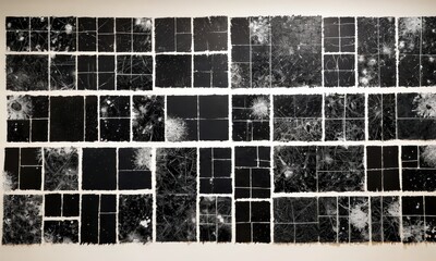 Leinwandbilder - a large, abstract art piece composed of numerous black and white square tiles arranged in a grid-like pattern The tiles are slightly overlapping, creating a sense of depth