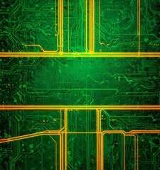 Fototapete - a detailed view circuit board, with a complex network of interconnected lines and traces The dominant color scheme is a blend of green and yellow,
