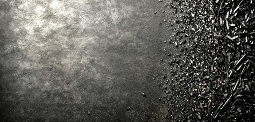 Leinwandbilder - a dark, textured surface with a scattering of small, irregularly shaped black objects on the right side, creating a sense of contrast and depth