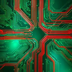 Fototapete - a complex circuit board with a vibrant array of red and green lines and traces, creating a visually striking pattern