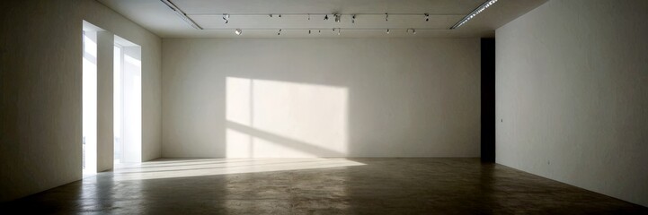 Poster - a spacious, minimalist room with a concrete floor, white walls, and a track lighting system. The room is illuminated by natural light streaming in through two windows on the