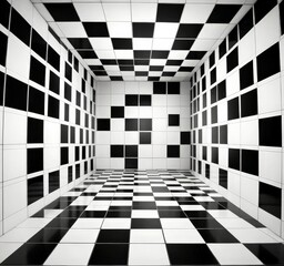 Leinwandbilder - A black and white checkered room with a reflective floor and a ceiling with a grid pattern