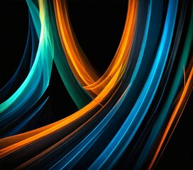 Poster - a dynamic abstract composition of curved lines in various shades of blue, orange, and green, creating a sense of movement and energy against a black background