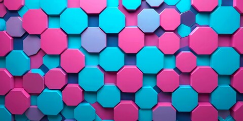 Leinwandbilder - A wall composed of overlapping hexagonal shapes in various shades of pink and blue