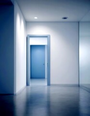 Poster - A minimalist hallway with a light blue door and white walls, illuminated by recessed lighting