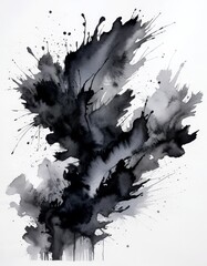 Poster - an abstract art piece featuring a black and white color scheme, with splashes of color and texture created by the ink The artwork is displayed against a