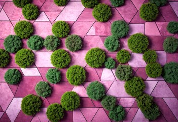 Aufkleber - a geometric pattern of green shrubs and bushes arranged in a repeating pattern on a pink and purple tiled surface