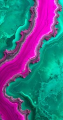 Leinwandbilder - a striking abstract pattern of pink and green marble-like textures, with a central line of pink and a series of green swirls and curves