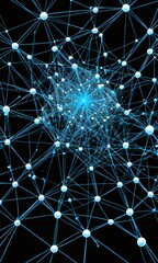 Fototapete - a complex network of interconnected blue lines and white spheres, creating a striking visual effect The network is densely packed, with numerous