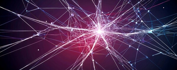 Poster - a complex network of interconnected lines and dots, resembling a web or a network of nerves, against a dark background The lines and dots vary in color,