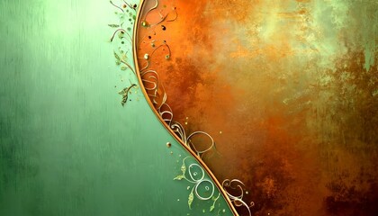 Poster - a vibrant abstract composition with a green and orange gradient background, a curved metallic border, and a variety of organic shapes and patterns