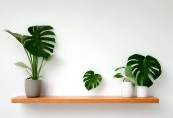 Poster - Three potted monstera plants in different sizes and colors are displayed on a wooden shelf against a white wall