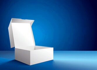 Poster - An open white box with a lid sits on a blue surface, with a gradient background transitioning from dark blue at the top to lighter blue at the bottom