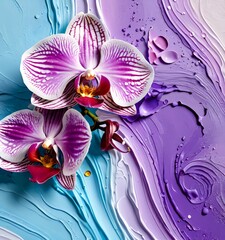 Aufkleber - two orchid flowers with purple and white petals, set against a background of blue and purple paint splatters