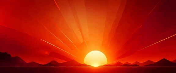 Aufkleber - The sun sets over a mountainous landscape, casting a warm, orange glow across the scene
