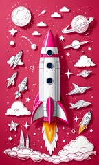 Leinwandbilder - A vibrant illustration pink and white rocket ship soaring through a starry sky, surrounded by planets, stars, and clouds, with a castle and a lighthouse in the foreground